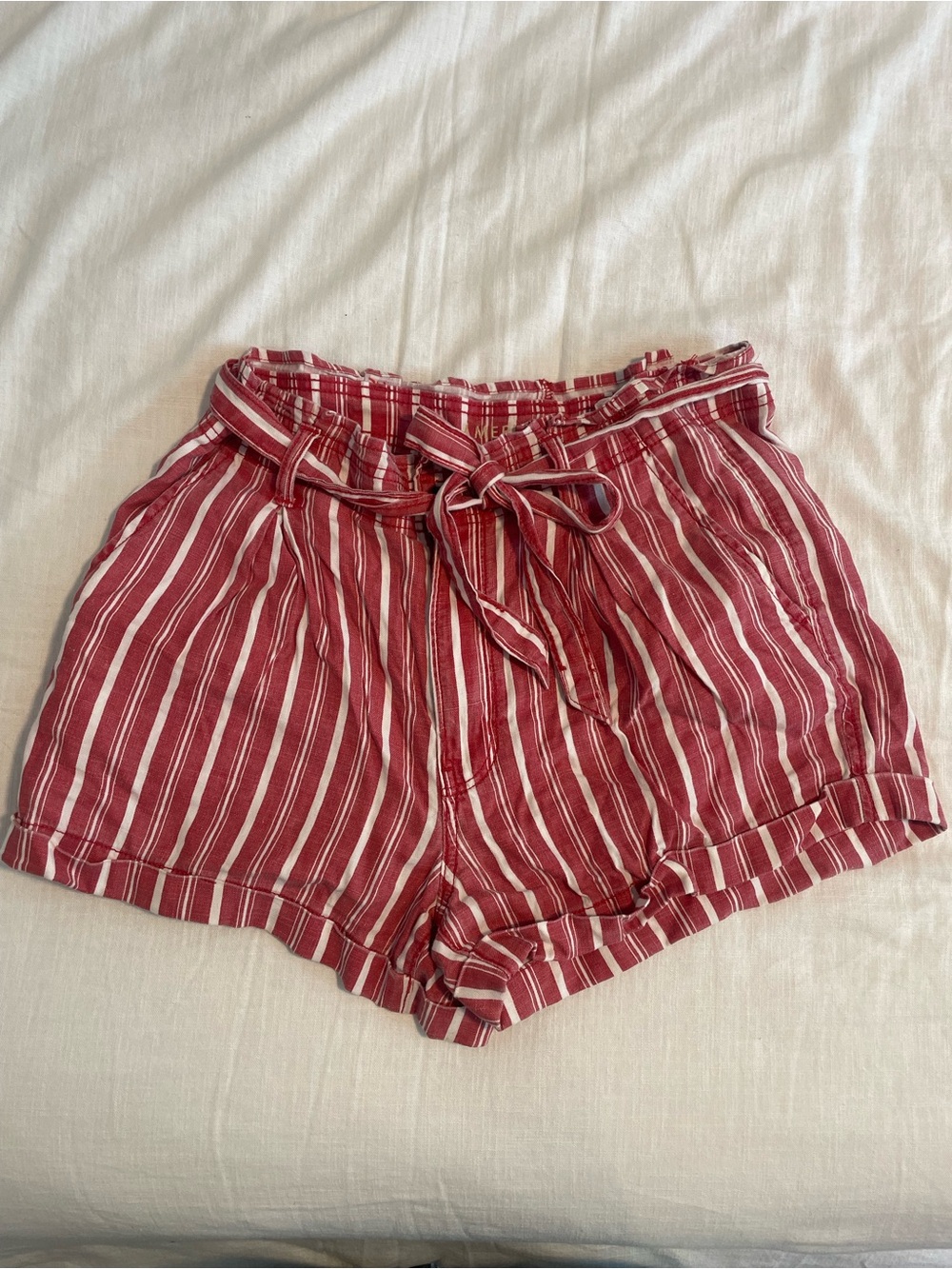 American Eagle Outfitters Red and White Striped Tie-Waist Shorts